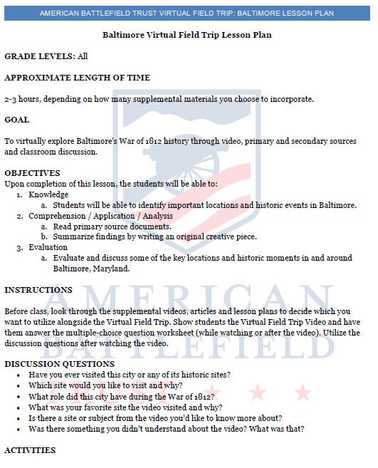 Baltimore Virtual Field Trip Lesson Plan Guide